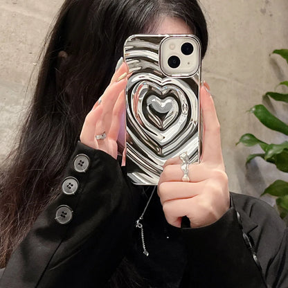 Luxury Electroplate Silver 3D Heart Water Ripple Phone Case for iPhone 14 13 12 11 15 Pro Max Cases Soft Silicone Shockproof