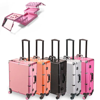 NEW Professional Rolling Cosmetic Case Beauty Makeup Trolley Suitcase LED Light Mirror Luggage Aluminum Frame Folding Table