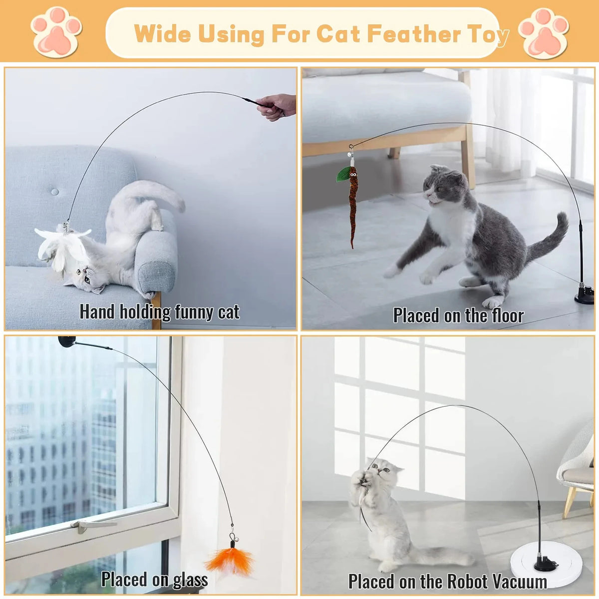 Cats Toys Feathers Wand Interactive Toy Kitten Toys With Super Suction Cup Detachable 2 PCS Feather Replacements Cat Accesorios
