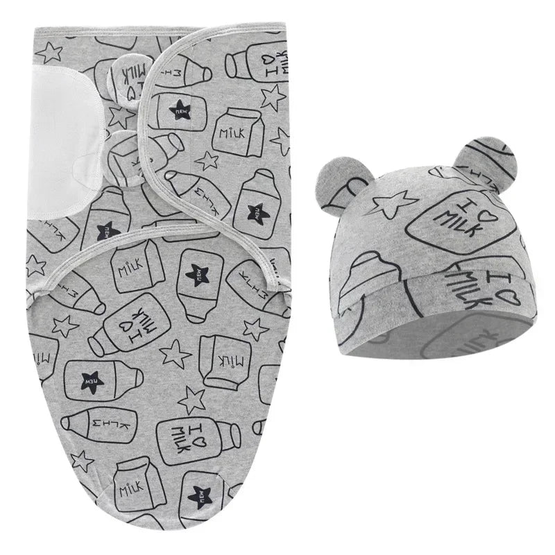 Baby Blanket Hat Set Cartoon Printed Cottono Newborn Swaddle