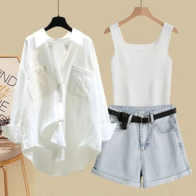 Spring/Summer Set Women's 2024 New Korean Fashion Sunscreen Shirt Casual Tank Top Slimming Denim Shorts Three Piece Set