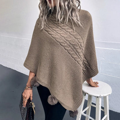 2023 Autumn Button Poncho Women Turtleneck Sweater Winter Oversized Jumper Knitwear Holiday Vintage Cape Batwing Sleeve Ponczo
