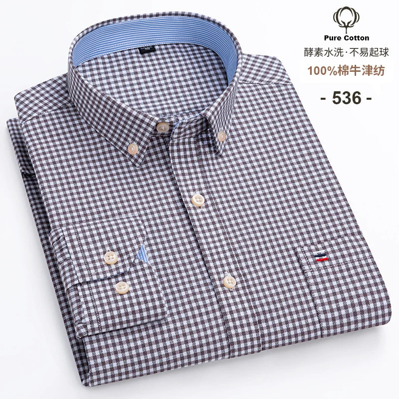 Men's Cotton Oxford Plaid Long Sleeve Casual Shirt with Pocket