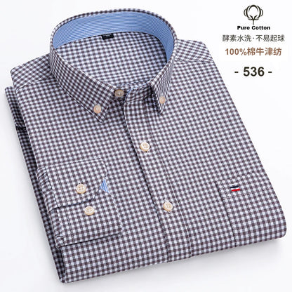 Men's Cotton Oxford Plaid Long Sleeve Casual Shirt with Pocket