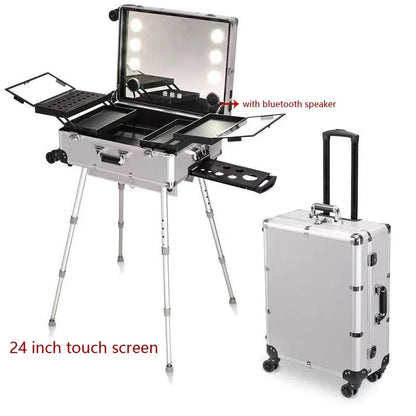 NEW Professional Rolling Cosmetic Case Beauty Makeup Trolley Suitcase LED Light Mirror Luggage Aluminum Frame Folding Table