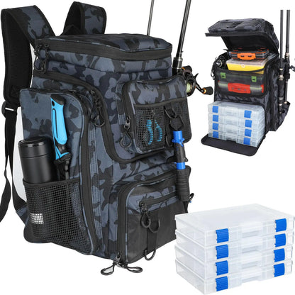 Fishing Backpack With Rod Holder 42L Large Water-Resistant Fishing Tackle Bag With 4 Tackle Boxes Store Fishing Gear for Fishing