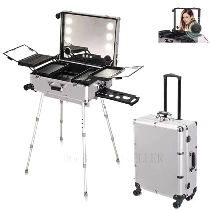 NEW Professional Rolling Cosmetic Case Beauty Makeup Trolley Suitcase LED Light Mirror Luggage Aluminum Frame Folding Table