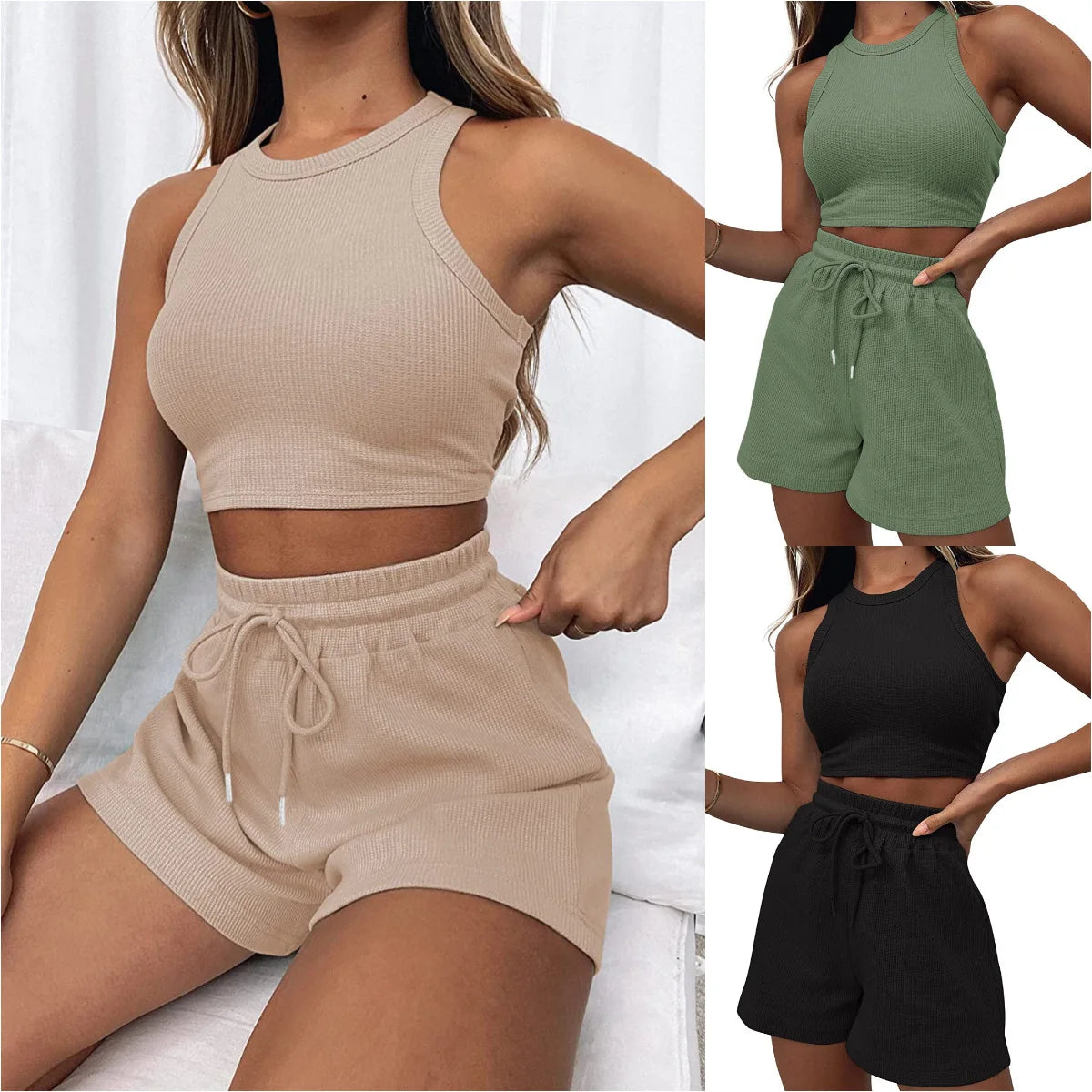 Y2k Two Piece Sets Women Vest Crop Tracksuit Tops Short Sets Beach Lace Up Elastic Waist Loose Casual Summer Set Matching Sets