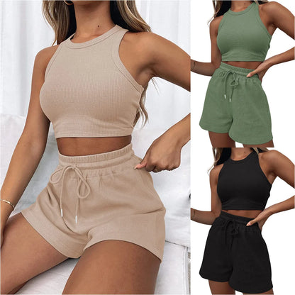 Y2k Two Piece Sets Women Vest Crop Tracksuit Tops Short Sets Beach Lace Up Elastic Waist Loose Casual Summer Set Matching Sets