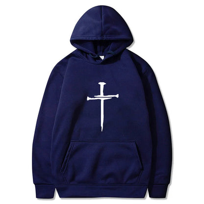 Men's Cross Graphic Hoodie - Black Casual Pullover Sweatshirt With Religious Symbol Print, Fashion Streetwear for Autumn/Winter
