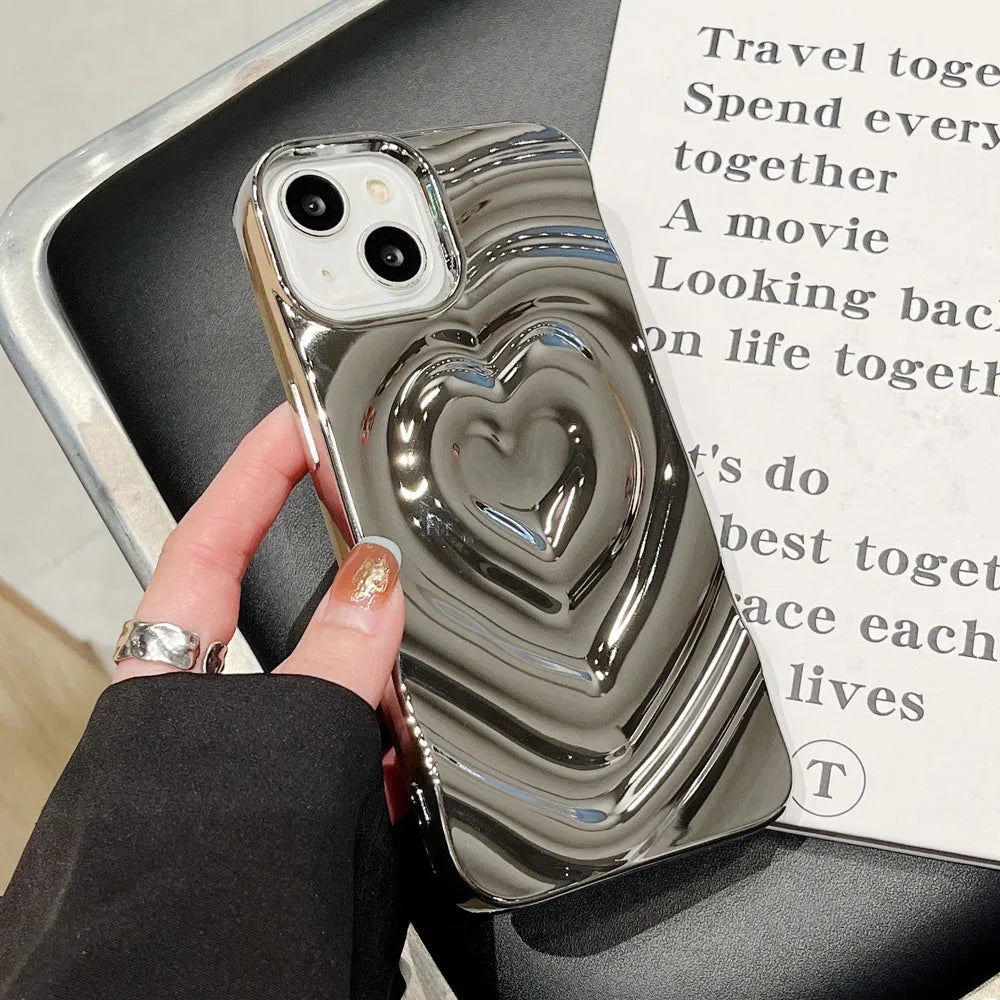 Luxury Electroplate Silver 3D Heart Water Ripple Phone Case for iPhone 14 13 12 11 15 Pro Max Cases Soft Silicone Shockproof