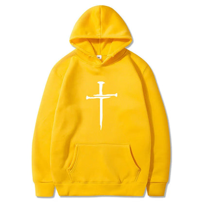 Men's Cross Graphic Hoodie - Black Casual Pullover Sweatshirt With Religious Symbol Print, Fashion Streetwear for Autumn/Winter