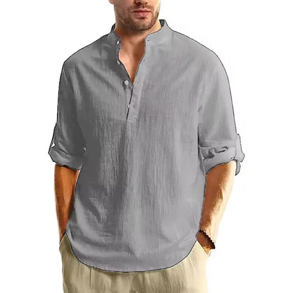 Men's Cotton Long Sleeve Henley Shirt Stand Collar Button Closure