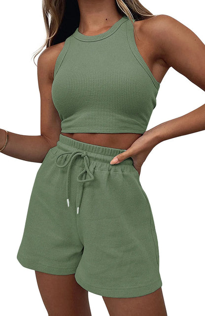Y2k Two Piece Sets Women Vest Crop Tracksuit Tops Short Sets Beach Lace Up Elastic Waist Loose Casual Summer Set Matching Sets