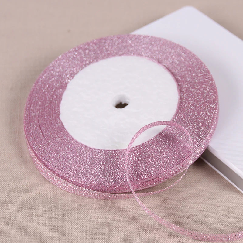 25Yards 6mm Silver Gold Glitter Silk Satin Ribbon Party Home Wedding Decoration Gift Wrapping Christmas Halloween DIY Material