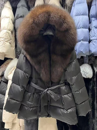 2025 New Natural Thick Warm 90% White Goose Down Coat Long Winter Jacket Women Real Big Fox Fur Collar Belt Loose Puffer Parka