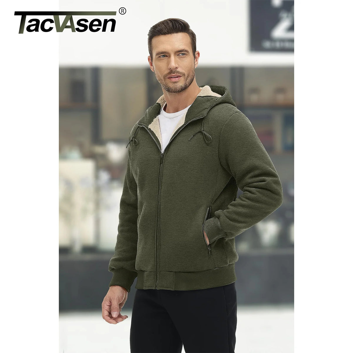 TACVASEN Fleece Lining Winter Hoodie Mens Sherpa Jackets Windproof Full Zip Warm Coats Climbing Hooded Casual Outwear Sportswear