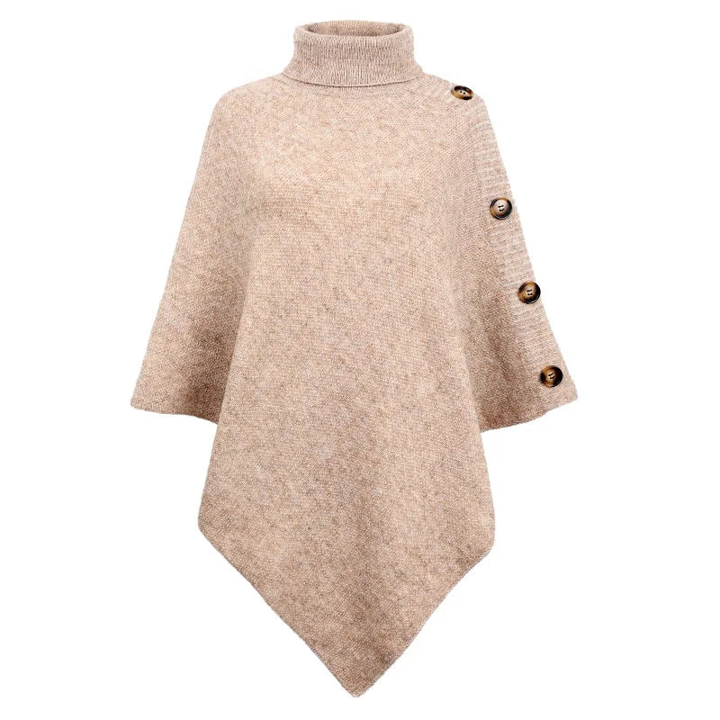 2023 Autumn Winter Button Poncho Women Sweater Oversized Turtleneck Jumper Knitwear Holiday Vintage Cape Batwing Sleeve Ponczo