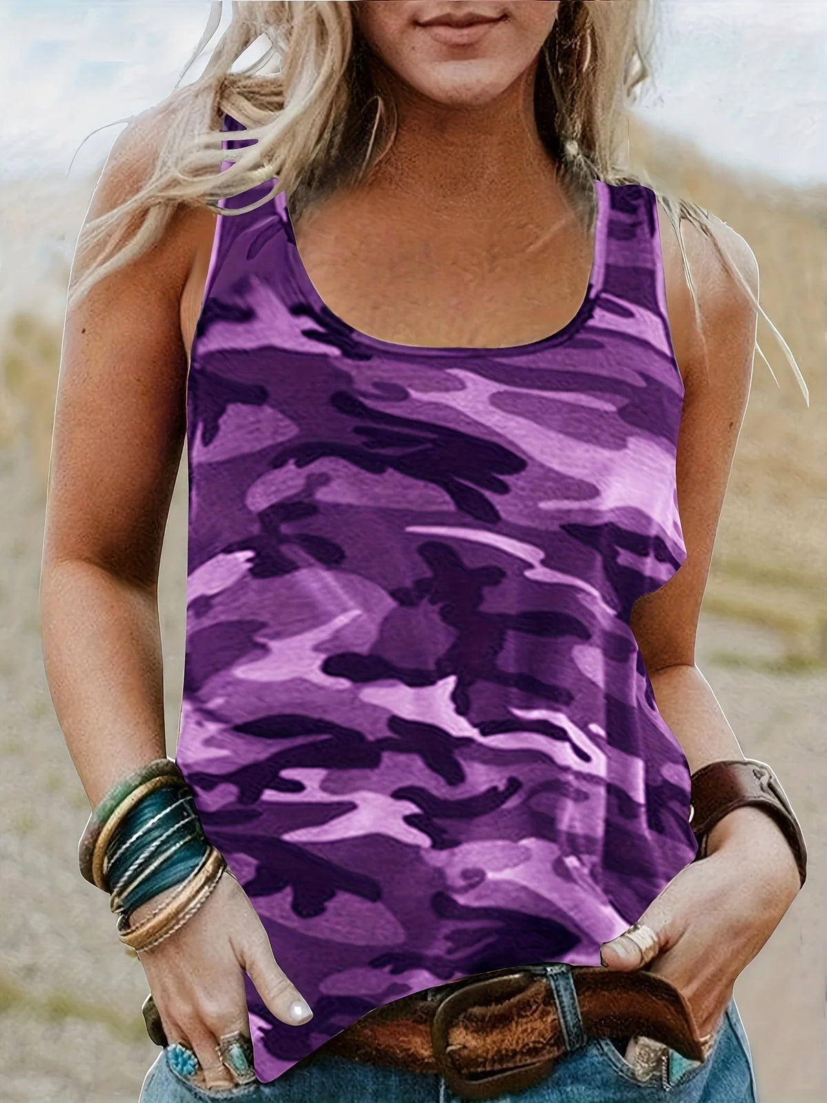 Camouflage Print O Neck Lady Vests Basic Elastic Tank Tops Casual Vintage Sleeveless Camisole Women's Clothing Summer 2024 Trend
