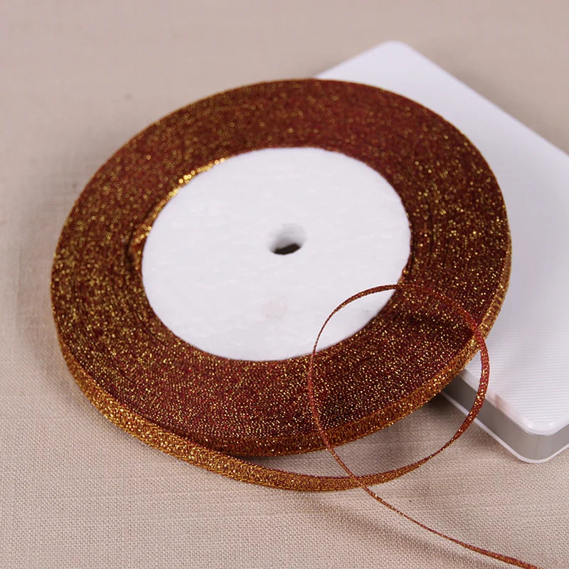 25Yards 6mm Silver Gold Glitter Silk Satin Ribbon Party Home Wedding Decoration Gift Wrapping Christmas Halloween DIY Material