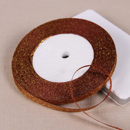 25Yards 6mm Silver Gold Glitter Silk Satin Ribbon Party Home Wedding Decoration Gift Wrapping Christmas Halloween DIY Material