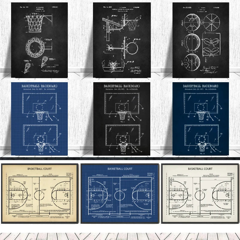 Basketball Court Posters Canvas Art Prints , Sports Basketball Canvas Painting Retro Wall Picture Boys Room Art Decor