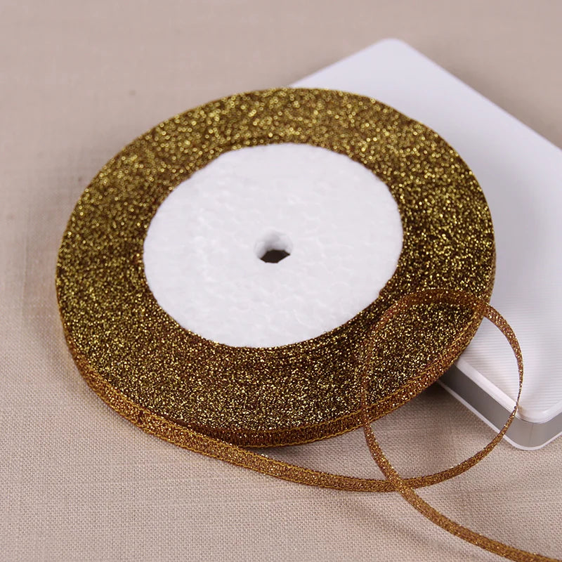 25Yards 6mm Silver Gold Glitter Silk Satin Ribbon Party Home Wedding Decoration Gift Wrapping Christmas Halloween DIY Material