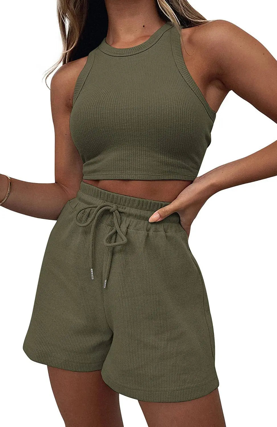 Y2k Two Piece Sets Women Vest Crop Tracksuit Tops Short Sets Beach Lace Up Elastic Waist Loose Casual Summer Set Matching Sets