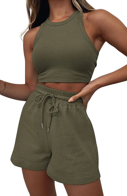 Y2k Two Piece Sets Women Vest Crop Tracksuit Tops Short Sets Beach Lace Up Elastic Waist Loose Casual Summer Set Matching Sets