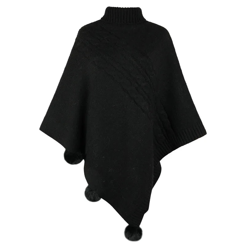 2023 Autumn Button Poncho Women Turtleneck Sweater Winter Oversized Jumper Knitwear Holiday Vintage Cape Batwing Sleeve Ponczo