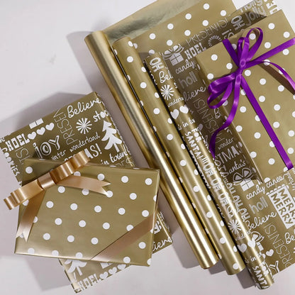 17" X 120" Wrapping Paper Roll Gold Dots Metallic Color With Snowflake Xmas Tree Gifts Pattern for Christmas Birthday Party