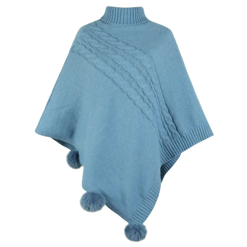 2023 Autumn Button Poncho Women Turtleneck Sweater Winter Oversized Jumper Knitwear Holiday Vintage Cape Batwing Sleeve Ponczo