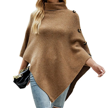 2023 Autumn Winter Button Poncho Women Sweater Oversized Turtleneck Jumper Knitwear Holiday Vintage Cape Batwing Sleeve Ponczo