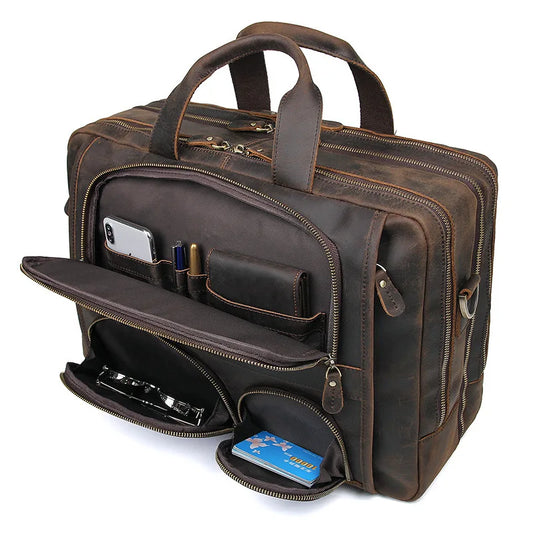 17.3 Inch Laptop Briefcase Genuien Leather Laptop Bag Business Travel Tote Bags Handbags for Men Male Large Brief Case Bag Retro