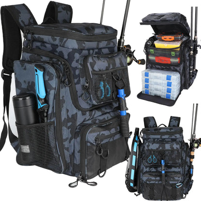Fishing Backpack With Rod Holder 42L Large Water-Resistant Fishing Tackle Bag With 4 Tackle Boxes Store Fishing Gear for Fishing
