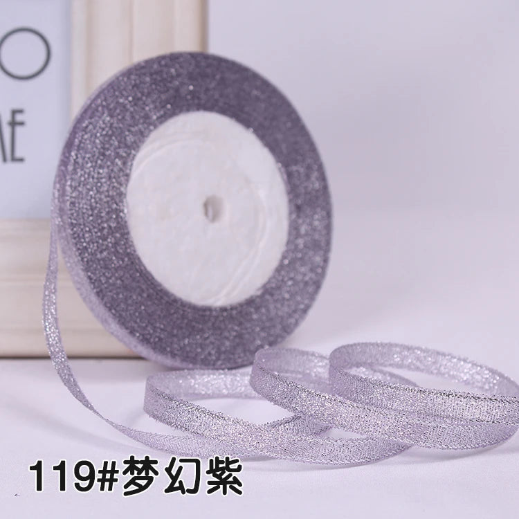25Yards 6mm Silver Gold Glitter Silk Satin Ribbon Party Home Wedding Decoration Gift Wrapping Christmas Halloween DIY Material