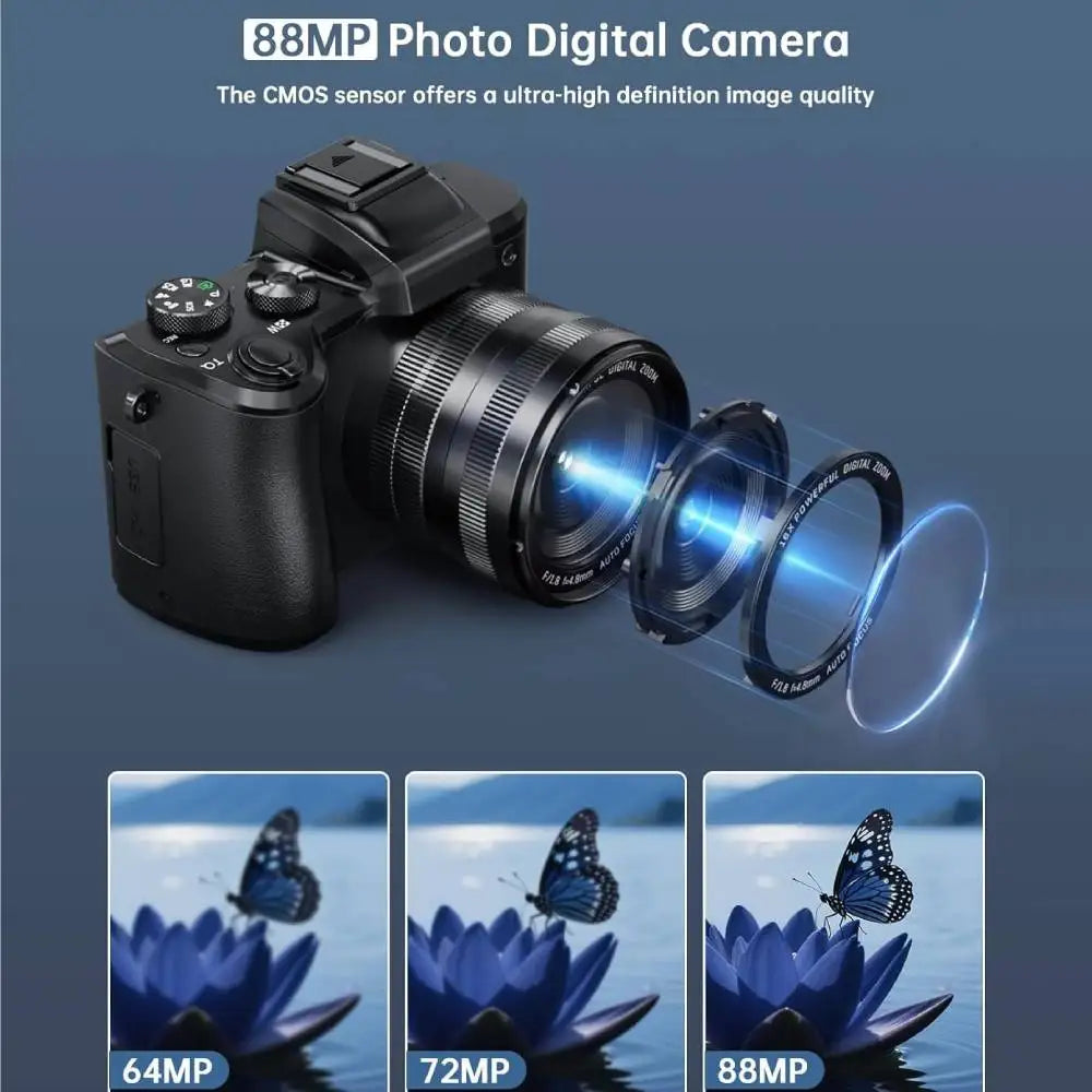 8K Digital Camera for Photography Autofocus WiFi 88MP Vlogging Camera With Dual-Lens 16X Digital Zoom Touch Screen Travel Camera