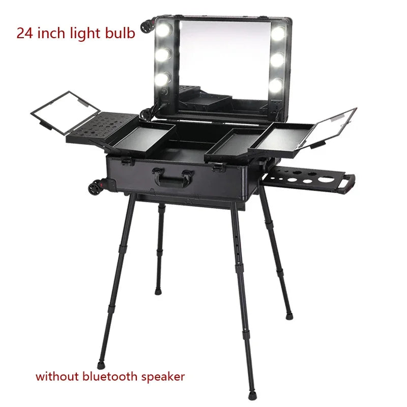NEW Professional Rolling Cosmetic Case Beauty Makeup Trolley Suitcase LED Light Mirror Luggage Aluminum Frame Folding Table