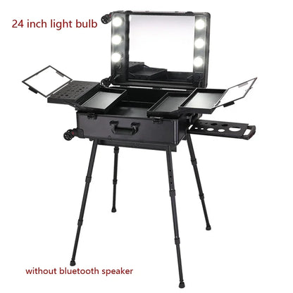 NEW Professional Rolling Cosmetic Case Beauty Makeup Trolley Suitcase LED Light Mirror Luggage Aluminum Frame Folding Table