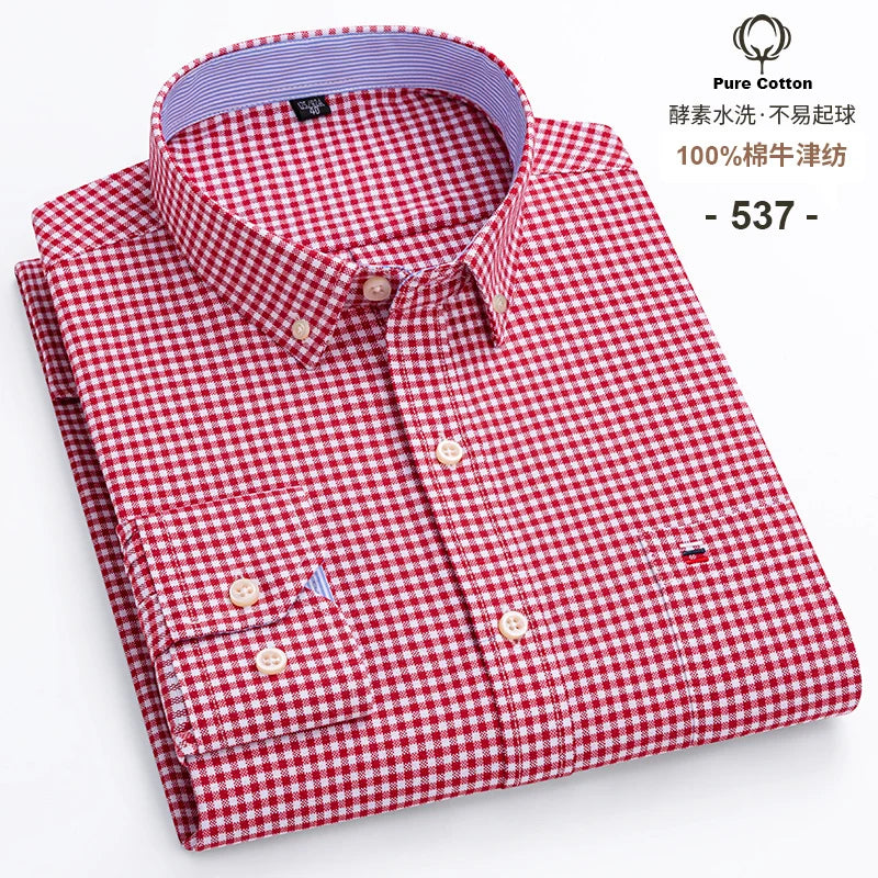 Men's Cotton Oxford Plaid Long Sleeve Casual Shirt with Pocket