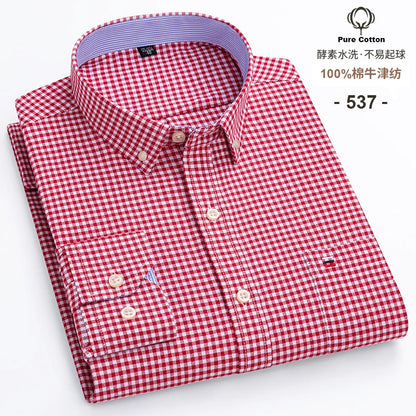Men's Cotton Oxford Plaid Long Sleeve Casual Shirt with Pocket