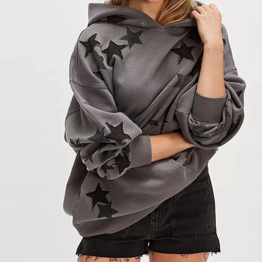 Combhasaki Hoodies for Teen Girls Patchwork Star Graphic Print Pullover Sweatshirt Y2k Oversized Hoodie Preppy Aesthetic Jacket