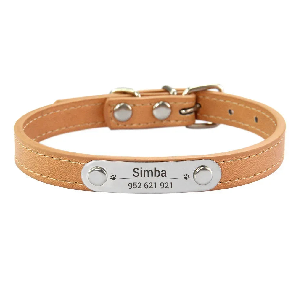 Personalized Dog Collar Name Carved ID Anti-Lost Solid PU Leather Collar for Small Medium Large Dogs Puppy Cat Pet Supplies Pink