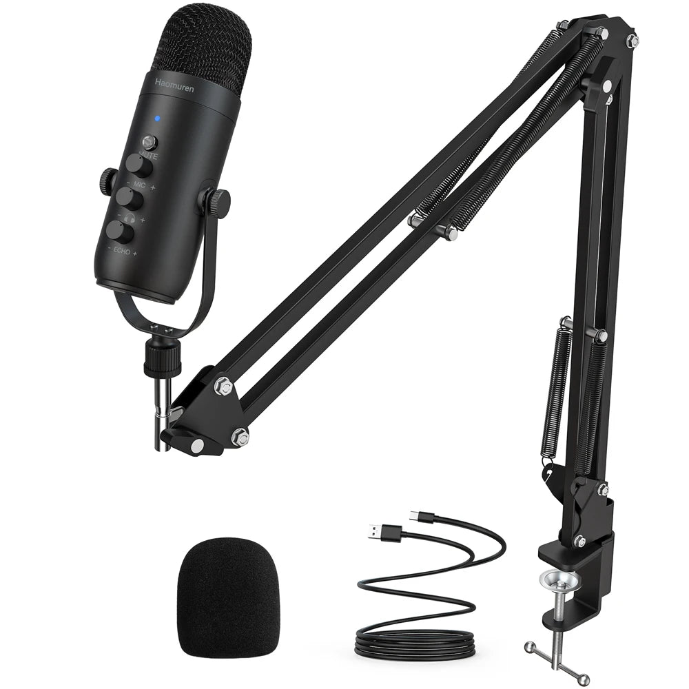 Haomuren Professional USB Streaming Podcast PC Microphone Studio Cardioid Condenser Mic Kit With Boom Arm for Recording YouTube