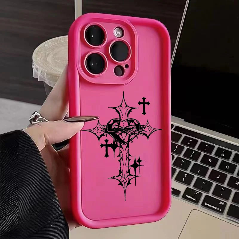 Luxury Black Cross Print Phone Case for iPhone 15 14 13 12 11 Pro Max Mini XR XS MAX 7 8 Plus SE2022 Shockproof Soft Funda Cover