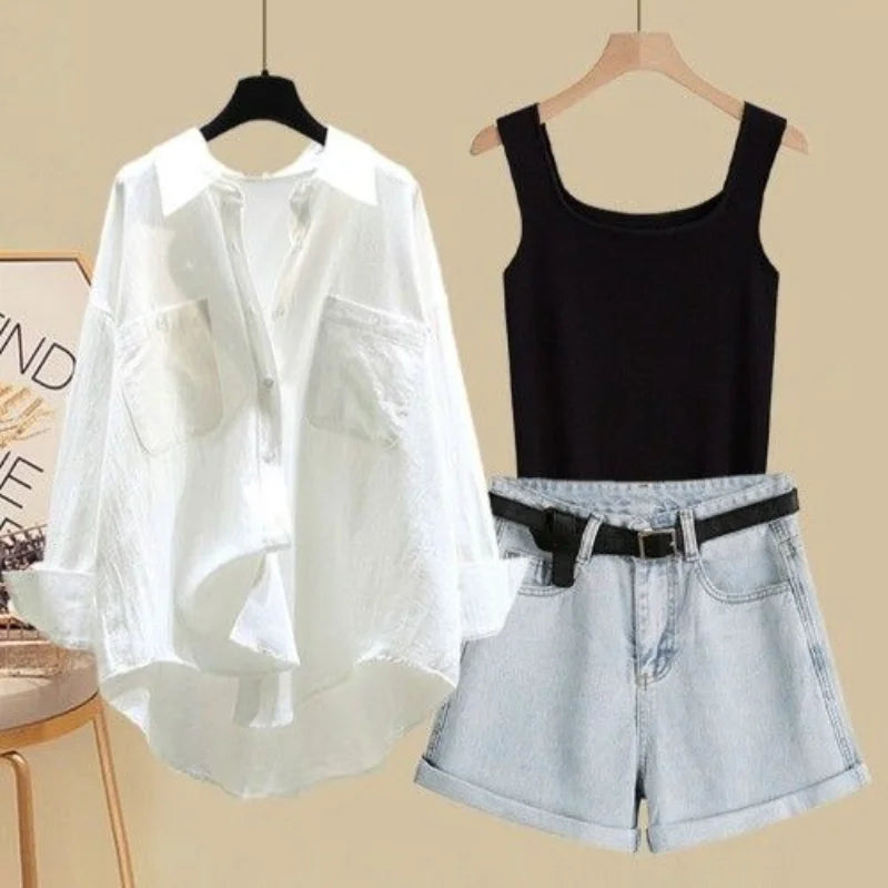 Spring/Summer Set Women's 2024 New Korean Fashion Sunscreen Shirt Casual Tank Top Slimming Denim Shorts Three Piece Set