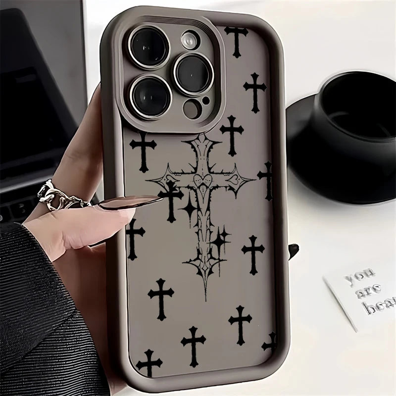 Luxury Black Cross Print Phone Case for iPhone 15 14 13 12 11 Pro Max Mini XR XS MAX 7 8 Plus SE2022 Shockproof Soft Funda Cover