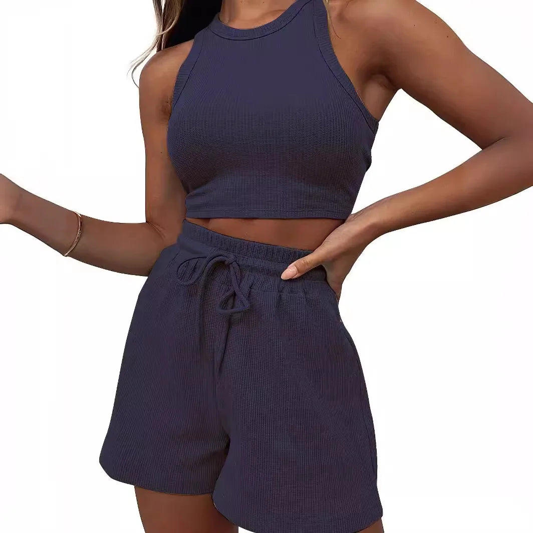Y2k Two Piece Sets Women Vest Crop Tracksuit Tops Short Sets Beach Lace Up Elastic Waist Loose Casual Summer Set Matching Sets