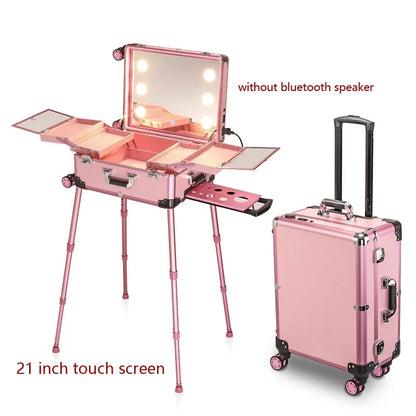 NEW Professional Rolling Cosmetic Case Beauty Makeup Trolley Suitcase LED Light Mirror Luggage Aluminum Frame Folding Table