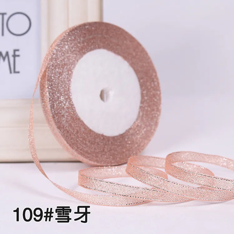 25Yards 6mm Silver Gold Glitter Silk Satin Ribbon Party Home Wedding Decoration Gift Wrapping Christmas Halloween DIY Material